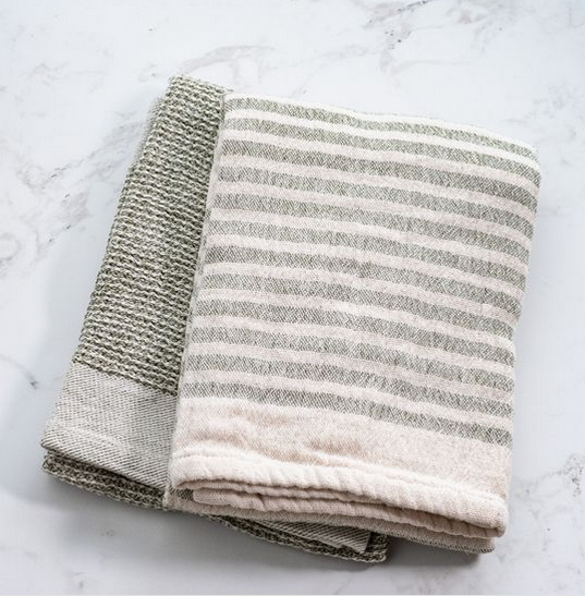 Set of 2 Olive Stripe/Waffle Towels