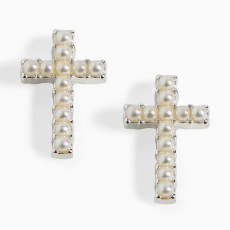 Silver Pearl Cross Stud Earrings