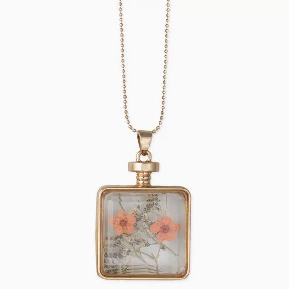 Bottle Pink Dried Flower Gold Necklace