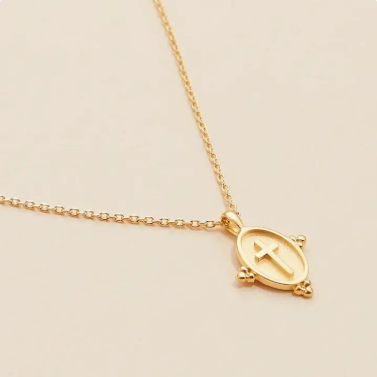 Oval Coin Necklace with Cross Charm