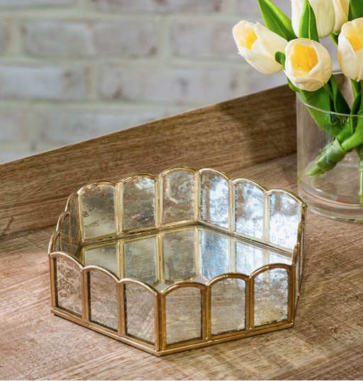 8" Brass & Glass Hexagon Tray
