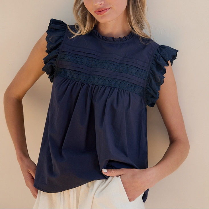 Navy Lace Panel Blouse