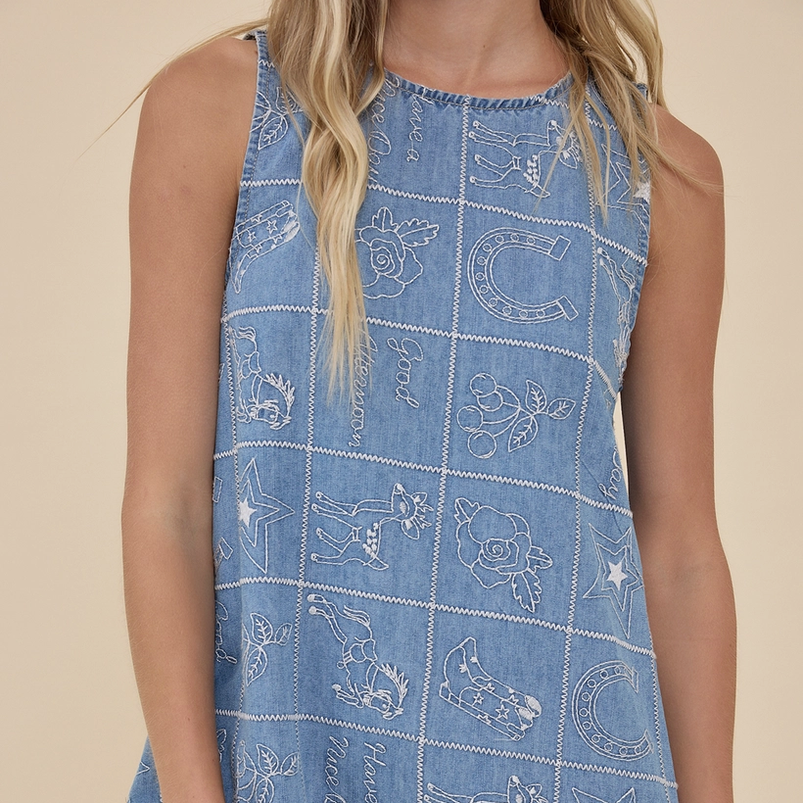 Embroidered Denim Mini Dress