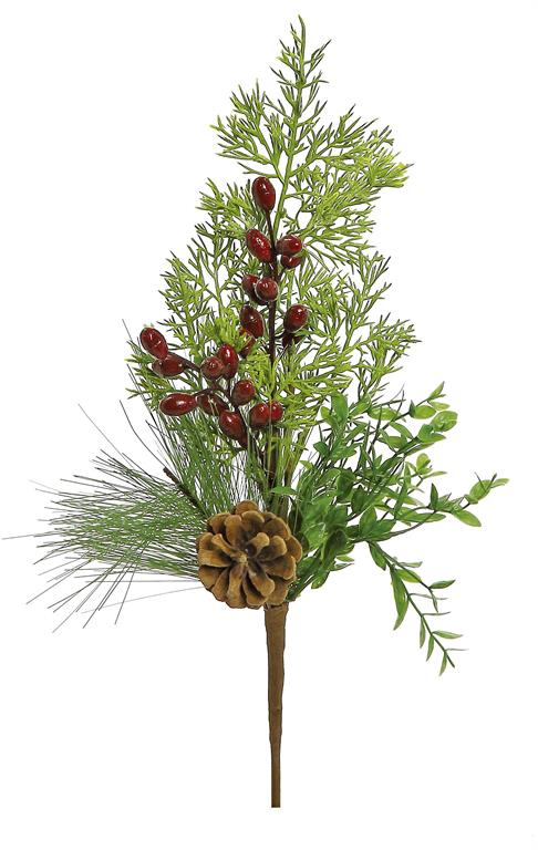 15" Long Needle Pine, Boxwood, Berry & Cone Pick
