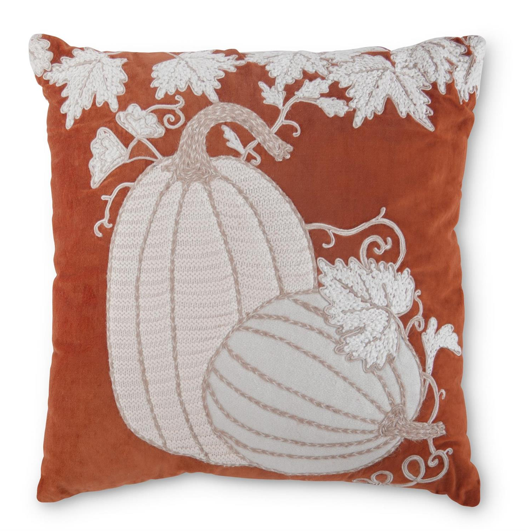 18" Orange Velvet Pumpkin Embroidered Pillow