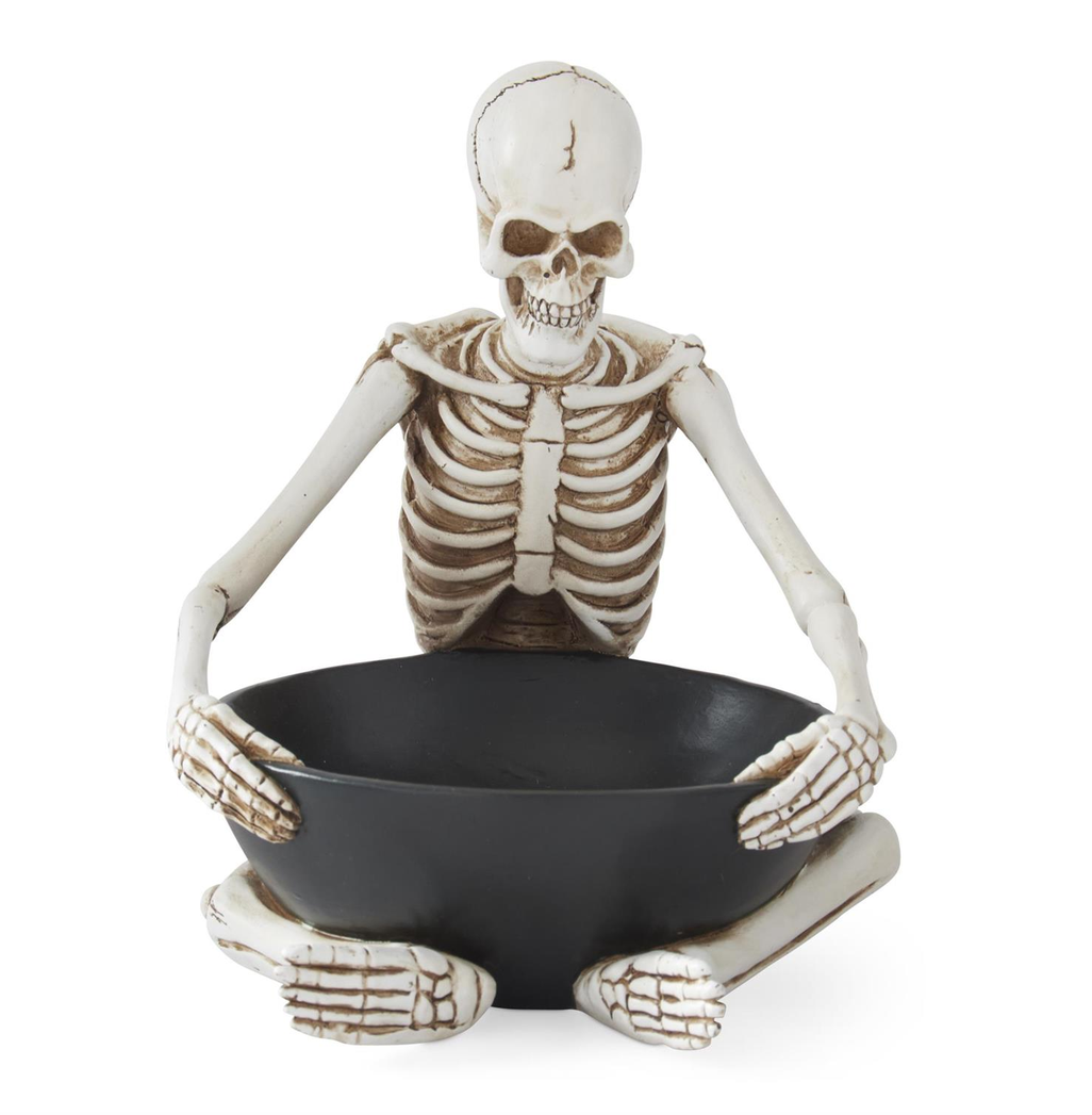 8" Resin Sitting Skeleton Holding Black Bowl