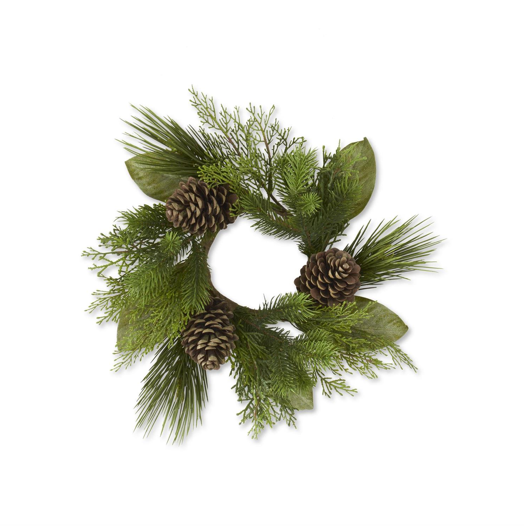 15" Mixed Pine & Magnolia Candle Ring with Pinecones