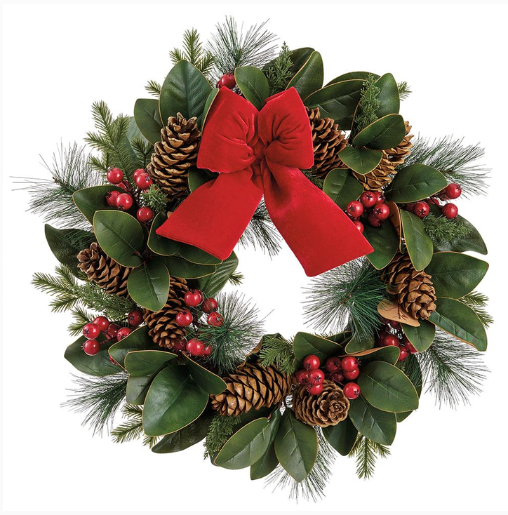 24" Berry, Pine Cone & Magnolia Leaf Wreath with Bow