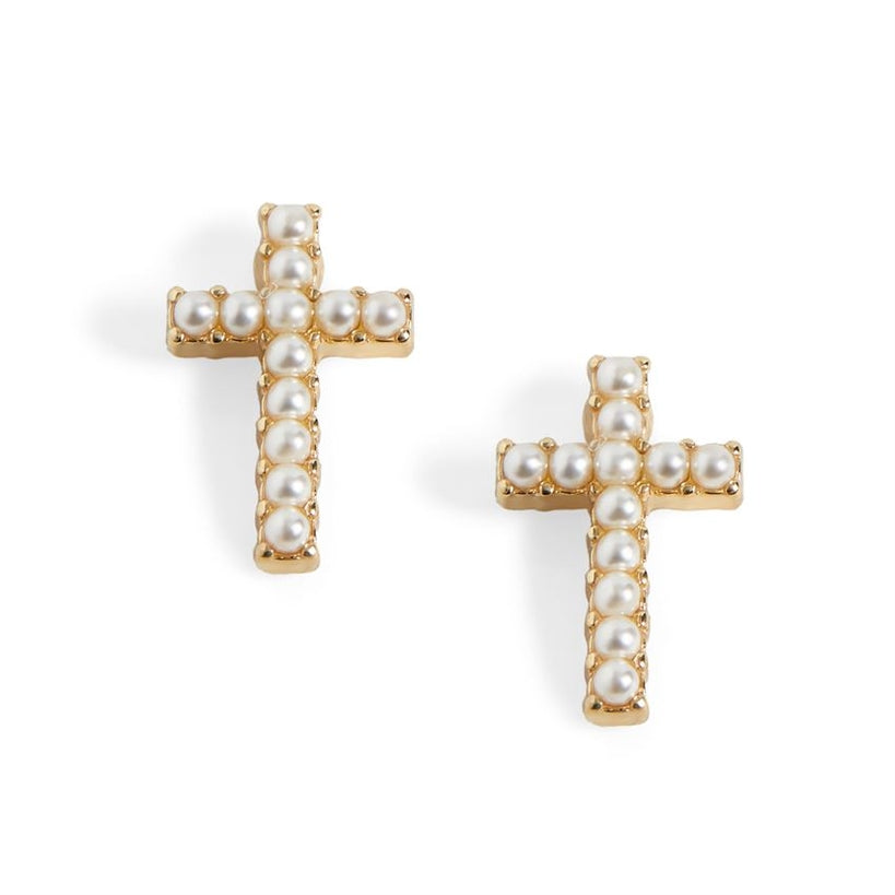 Gold Pearl Cross Stud Earring