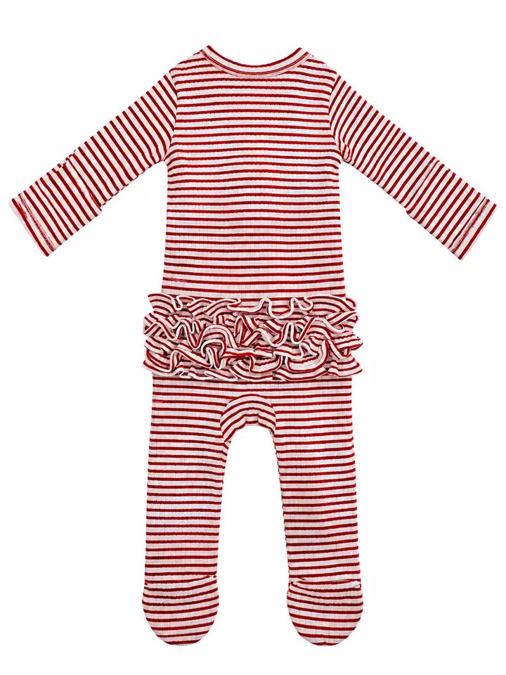Red Stripe Ribbed Frill 2-Way Zip Footie