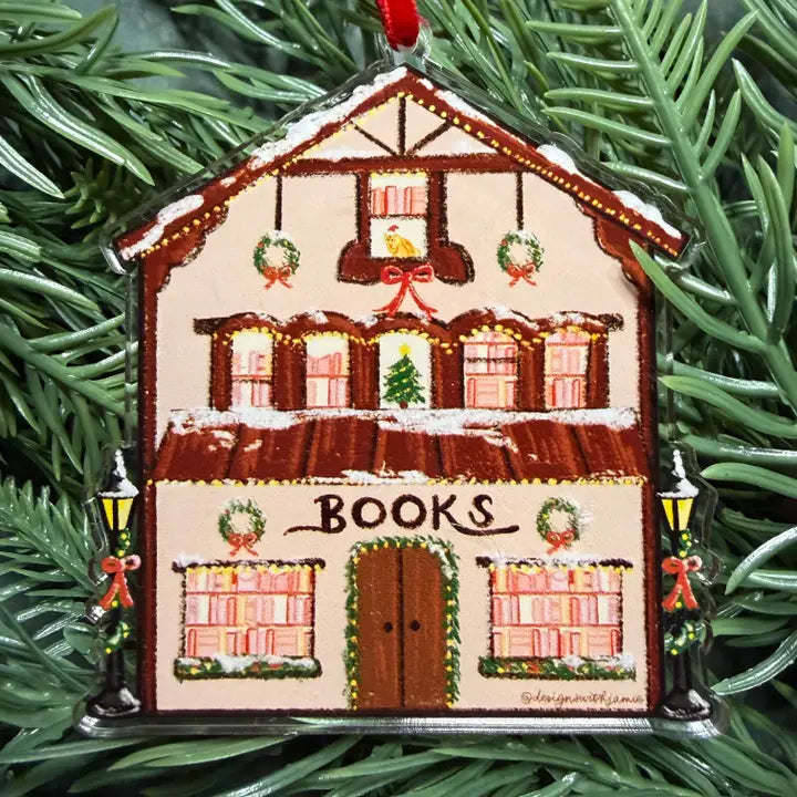 Vintage Cozy Bookstore Christmas Ornament