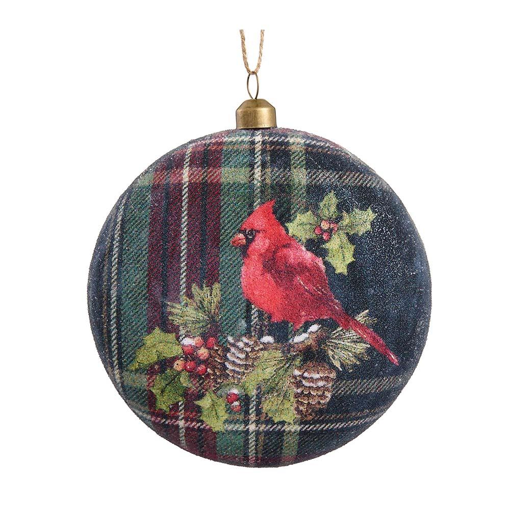 4.5" Red & Green Beaded Cardinal Plaid Disc Ornament