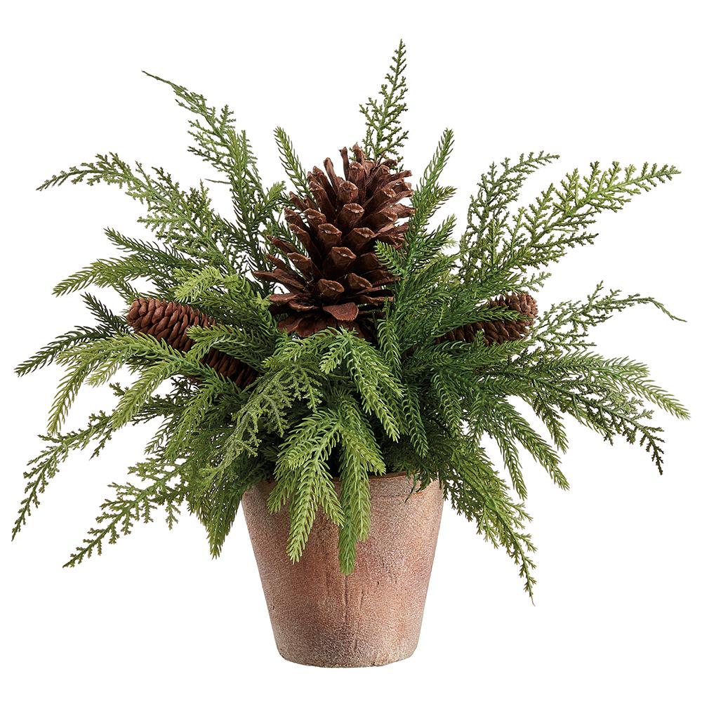 12" Pine Cone & Mixed Pine in Cement Pot