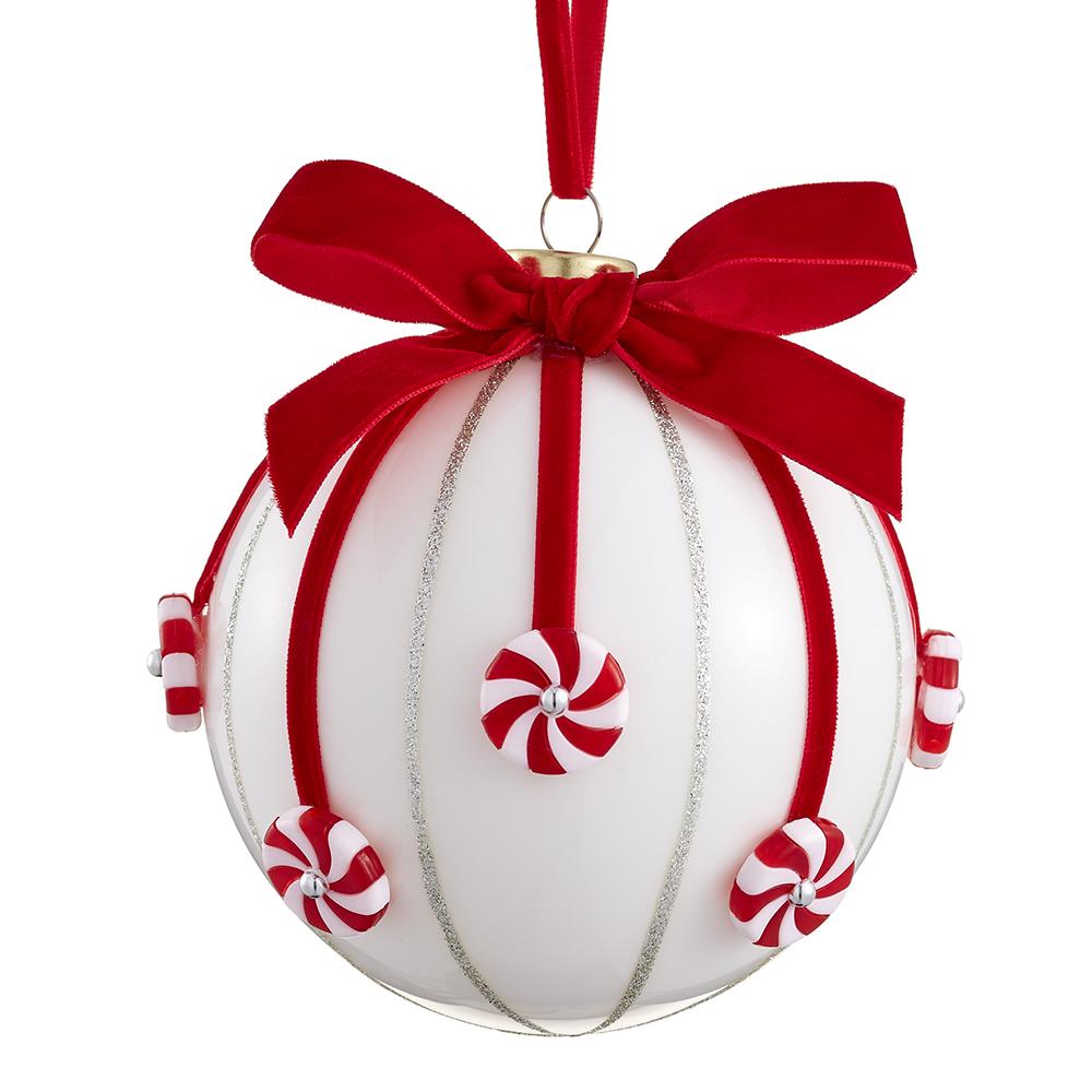 4.75" White & Red Candy Glass Ball Ornament