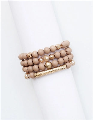 Tan Natural Stone and Gold Bar Stretch Bracelets- S/4