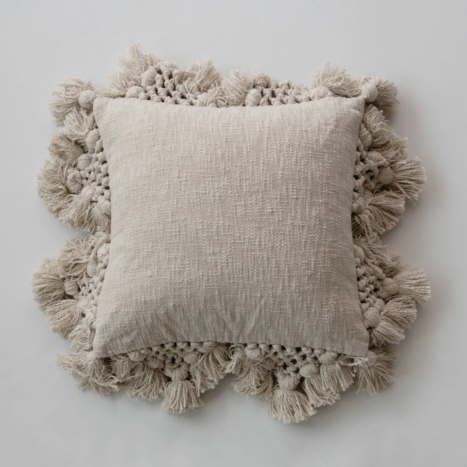 Crochet-Edged Slub Pillow With Tassels