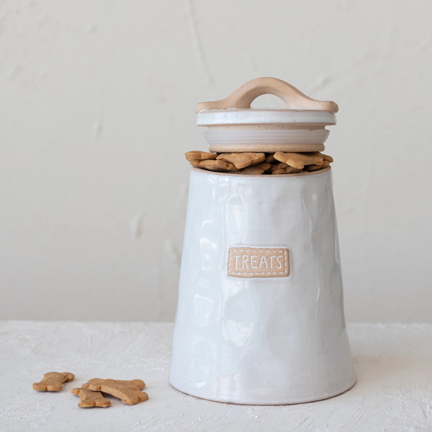 White & Natural Stoneware "Treats' Canister