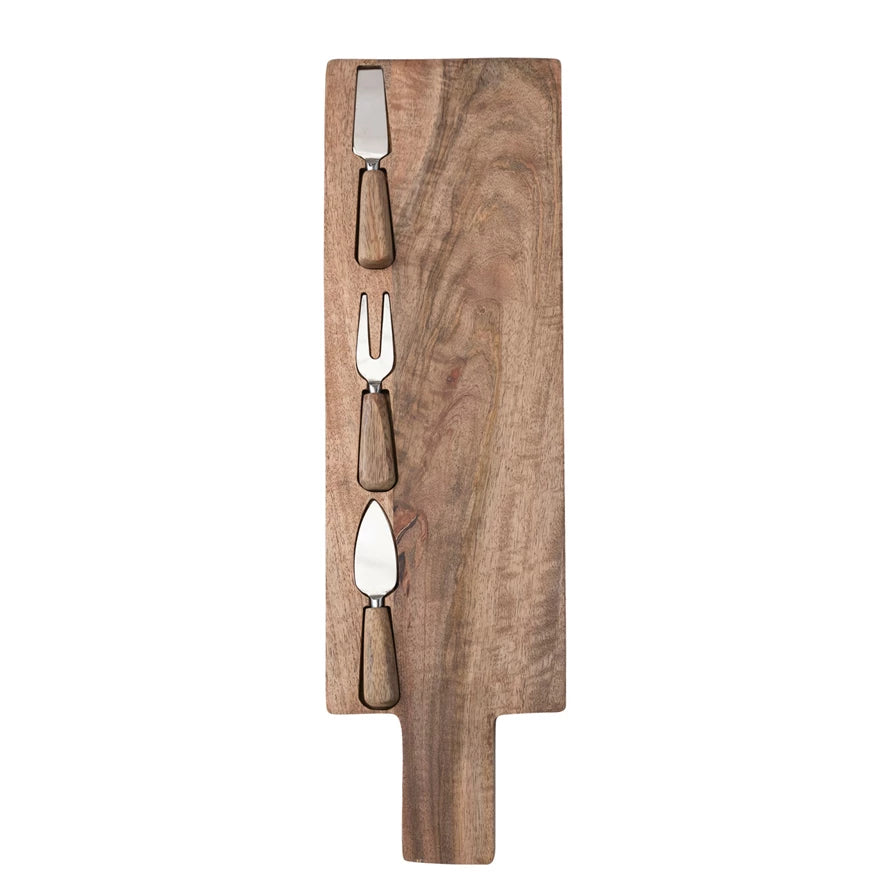 Mango Wood Cheese Board with a Handle & Utensils