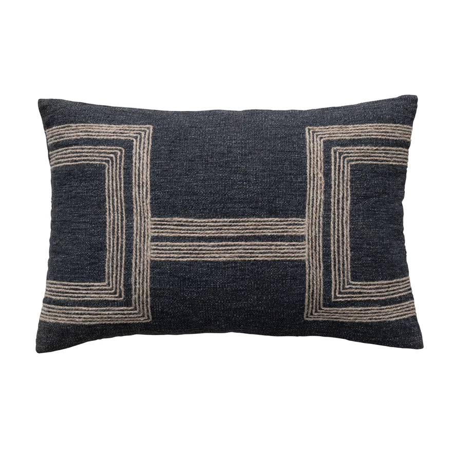 Charcoal Jute Embroidered Lumbar Pillow