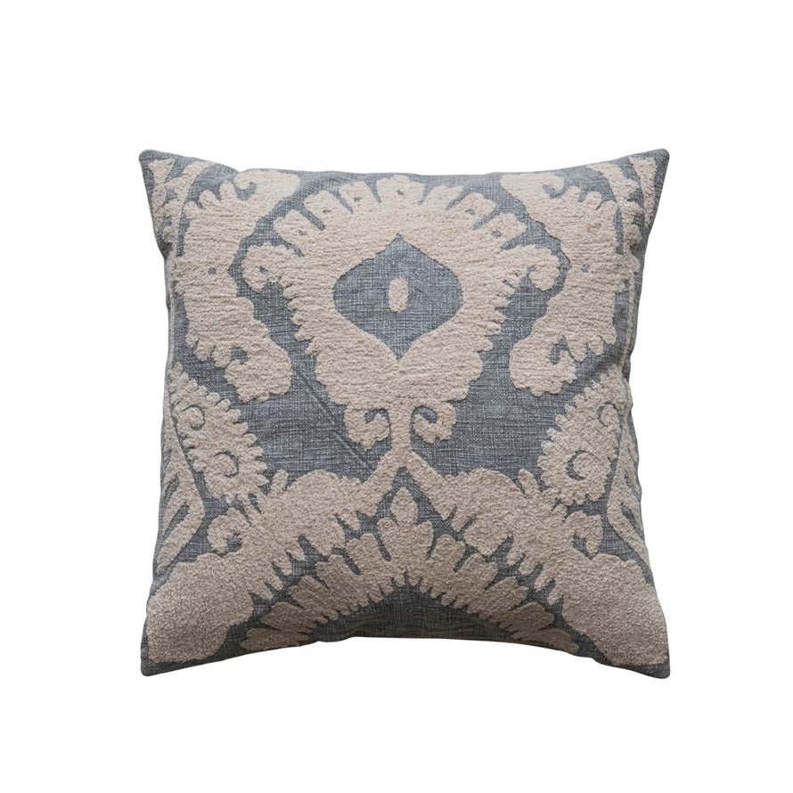 Blue & Cream Damask Tufted Pillow